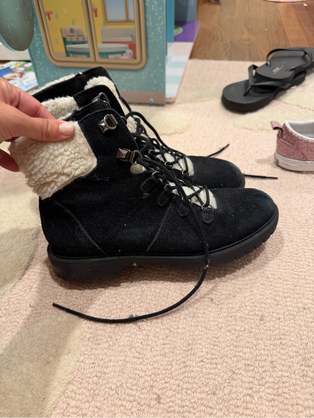Marc Fisher Black Suede Lace-Up Ankle Boots with Cream Sherpa Cuff
